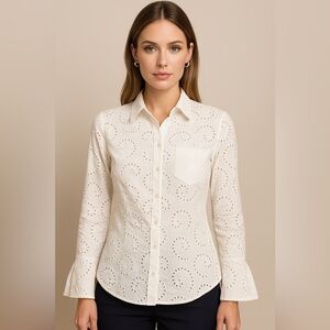 🤍 Anne Fontaine Paris White Eyelet Cotton Blouse‎ 40 (M)✨
